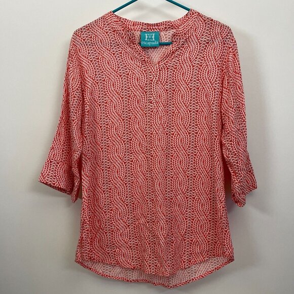 escapada Tops - Escapada Womens Red White Leaf Print Split Neck Band Collar Top Blouse 3/4Sleeve